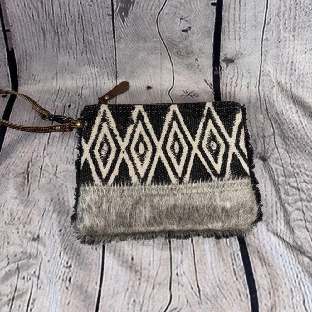 Myra Bag Up Cycled Canvas And Cowhide Leather Wristlet Pouch Bag Clutch